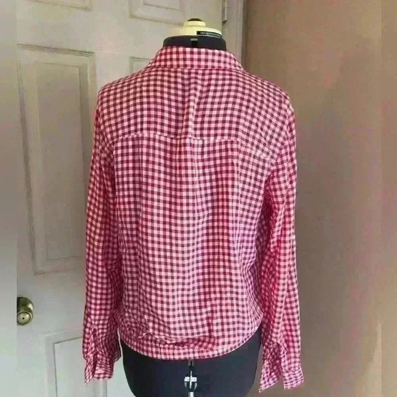 Jones white bright pink fuschia long sleeve plaid top front tie sleeve roll up - Picture 2 of 6